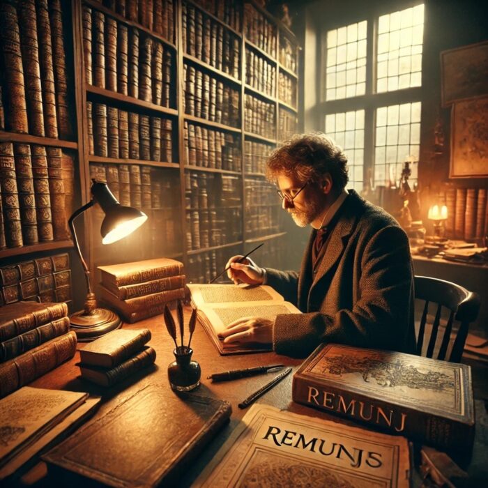 Foto van een schrijver die werkt aan een boek over de taal Remunjs